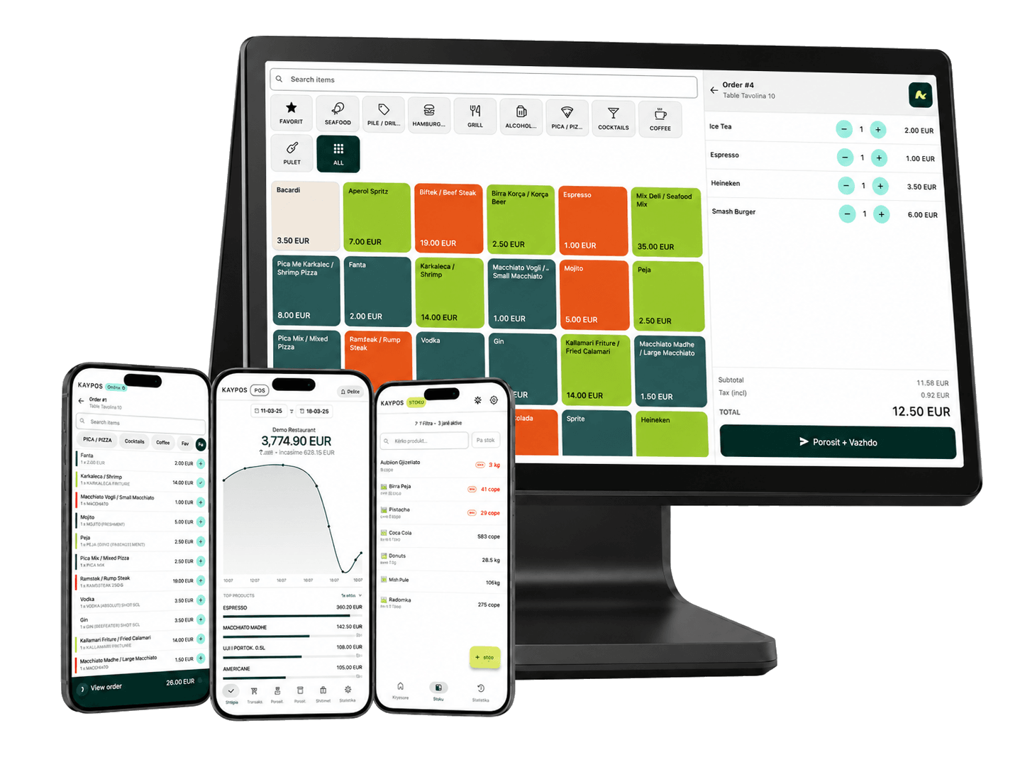 Kaypoh POS on a counter terminal with the WAITER, REPORT and STOK apps running on phones in front