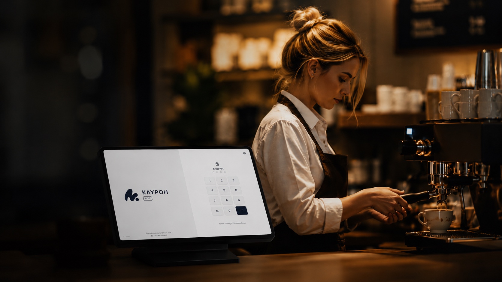 A barista pulling espresso in a warm-lit café while a Kaypoh POS terminal shows the PIN screen on the counter