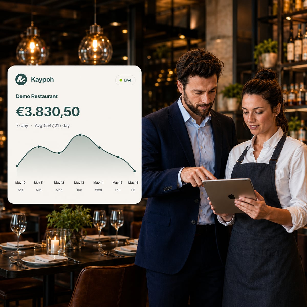 A restaurant manager reviewing performance with a team member on a tablet